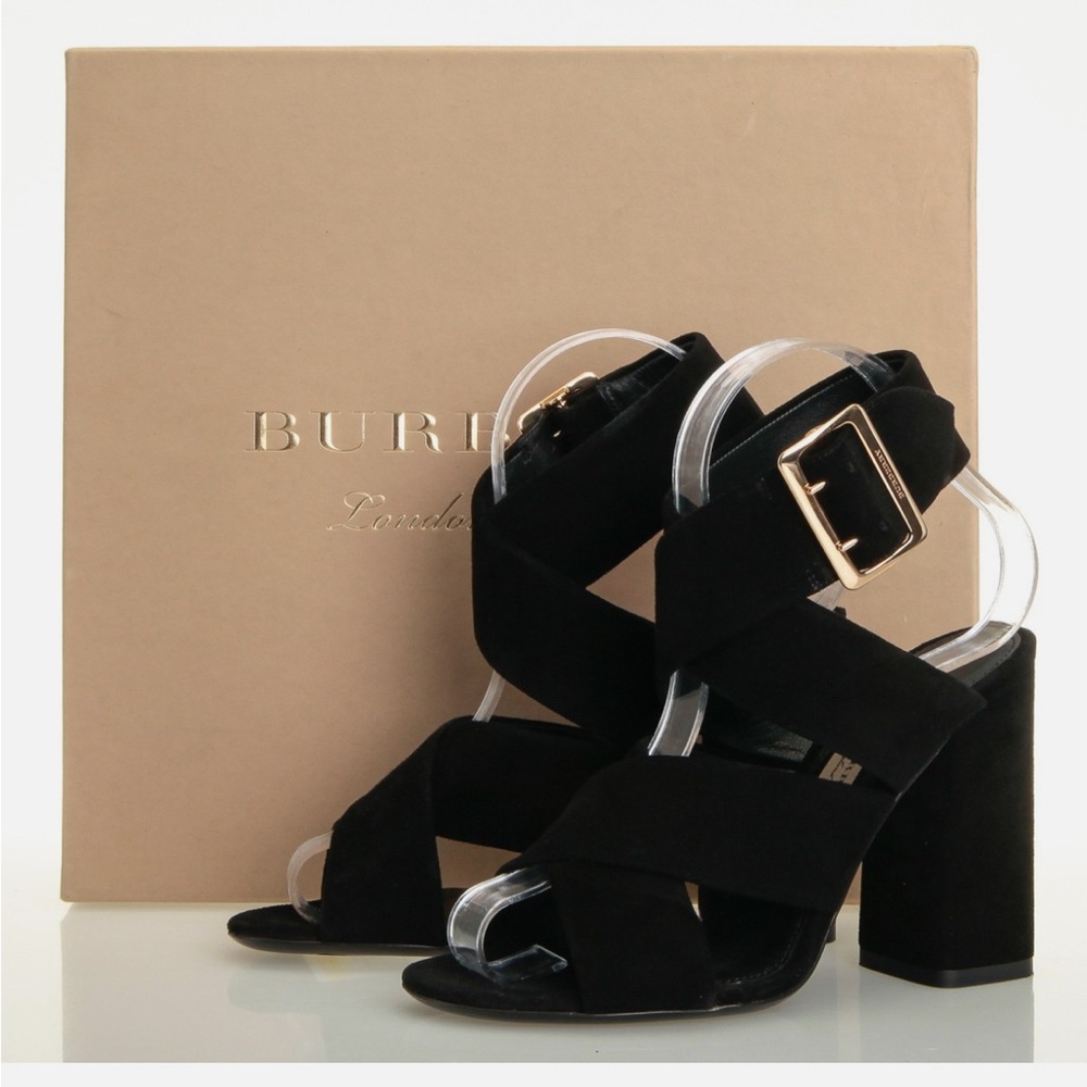 Burberry Blaine Black Suede Cross Strap Sandal Heels